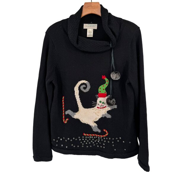 Susan Bristol Hand Embroidered Cat Sweater With Pom Poms & Sequins Long Sleeves - Picture 1 of 11